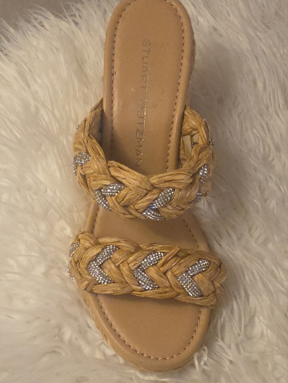 Stuart Weitzman LANA Natural Braided Raffia Wedge Sandals with Crystal Accents 8 - Picture 8 of 16